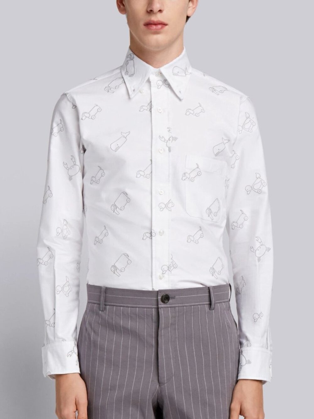 THOM BROWNE Toy Icon Outline Half Drop Embroidered Cotton Oxford Shirt, Size 3